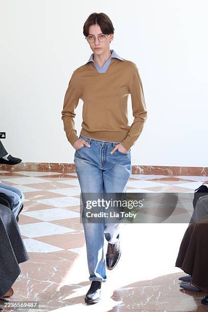 Model walks the runway at the Emilia Wickstead show during London Fashion Week September 2025 on September 21, 2025 in London, England.