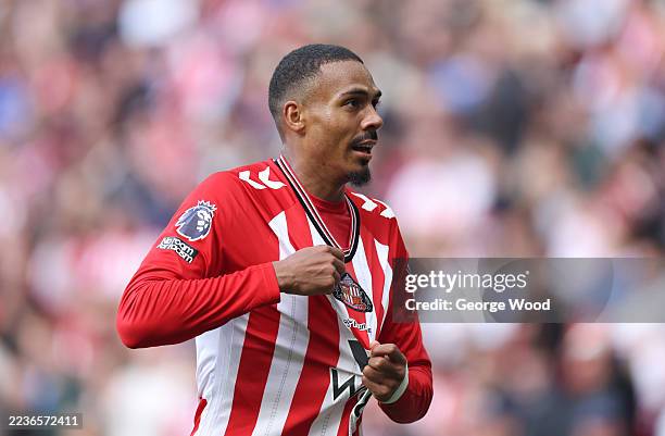 Wilson Isidor of Sunderland celebrates scoring his team's first goal during the Premier League match between Sunderland and Aston Villa at Stadium of...
