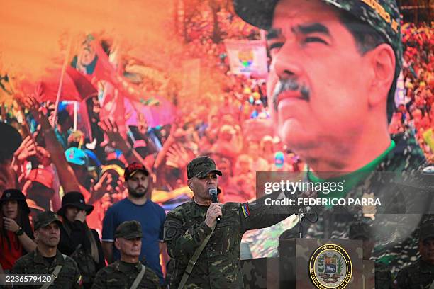 Venezuela's Defense Minister Vladimir Padrino Lopez speaks during a military deployment in support of Venezuela's President Nicolas Maduro at Bolivar...