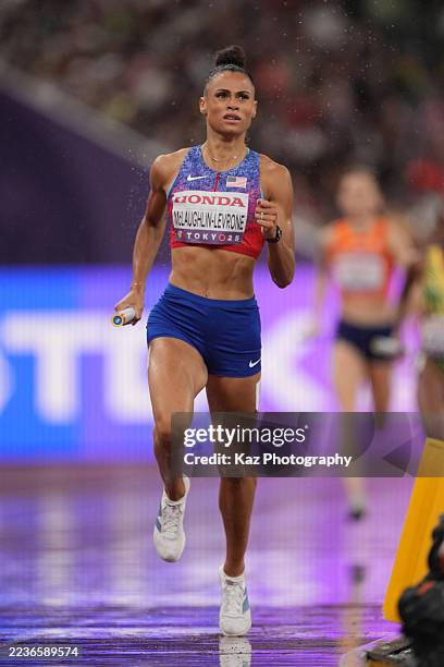 Sydney Mclaughlin-Levrone of USA celebrates winning the Women's 4x400m Relay Final during day nine of the World Athletics Championships Tokyo 2025 at...