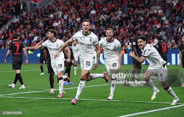 Haris Tabakovic of Borussia Monchengladbach celebrates scoring his team's first goal during the Bundesliga match between Bayer 04 Leverkusen and...