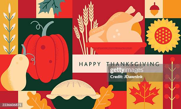happy thanksgiving greeting design template geometric mosaic style with fall, food harvest elements - happy thanksgiving background stock illustrations