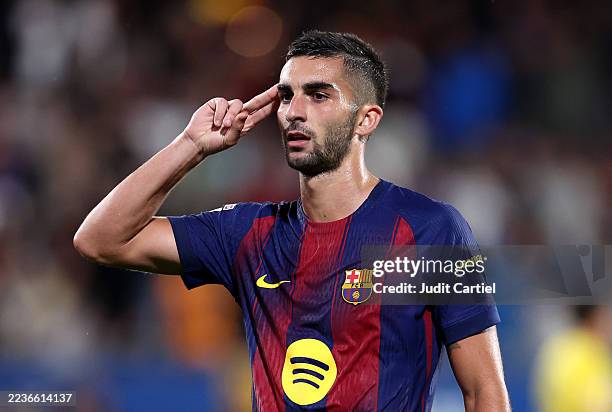 Ferran Torres of FC Barcelona celebrates scoring his team's second goal during the LaLiga EA Sports match between FC Barcelona and Getafe CF at...