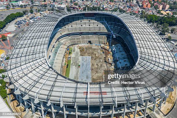 Aerial view of the Azteca Stadium under construction for renovation on September 21, 2025 in Mexico City, Mexico. Azteca Stadium will host world cup...
