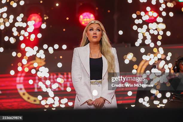 Erika Kirk speaks during the memorial service for her husband, political activist Charlie Kirk at State Farm Stadium on September 21, 2025 in...