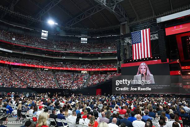 Mrs. Erika Kirk speaks during the memorial service for her husband, political activist Charlie Kirk at State Farm Stadium on September 21, 2025 in...