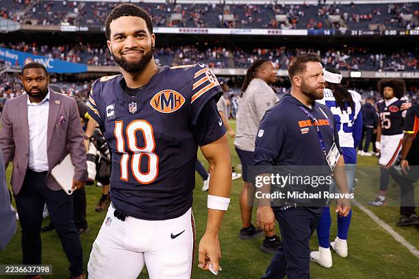 Caleb Williams of the Chicago Bears looks on after the game against the Dallas Cowboys at Soldier Field on September 21, 2025 in Chicago, Illinois.