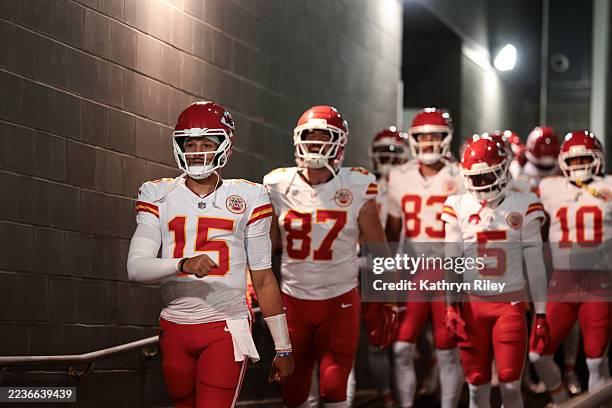 Patrick Mahomes of the Kansas City Chiefs walks to the field prior to the game against the New York Giants at MetLife Stadium on September 21, 2025.