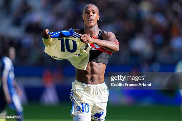 Emanuel Emegha of RC Strasbourg Alsace celebrates after scoring his team's third goal during the Ligue 1 McDonald's match between Paris FC and RC...
