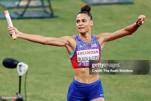 Sydney McLaughlin-Levrone of the United States celebrates after winning the Women's 4x400 Metres Relay Final on day nine of the World Athletics...