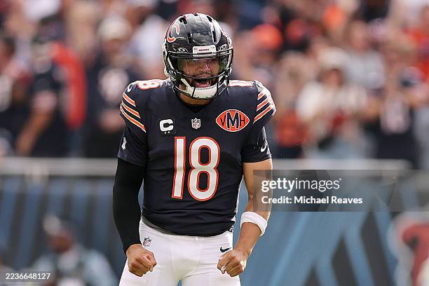 Caleb Williams of the Chicago Bears reacts during the first half against the Dallas Cowboys at Soldier Field on September 21, 2025 in Chicago,...
