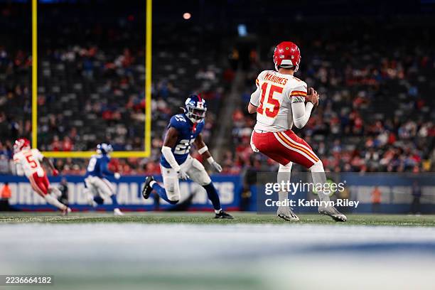 Patrick Mahomes of the Kansas City Chiefs throws a pass during the game against the New York Giants at MetLife Stadium on September 21, 2025.