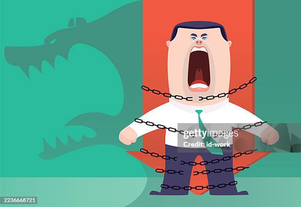angry businessman breaking chains with falling arrow - breaking free from chains stock illustrations