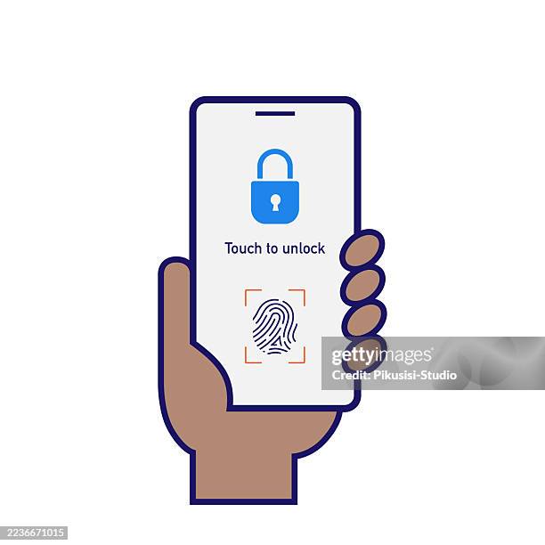 mobile phone with fingerprint unlock security feature. hand holding smartphone with biometric lock screen. - biometric access control stock illustrations