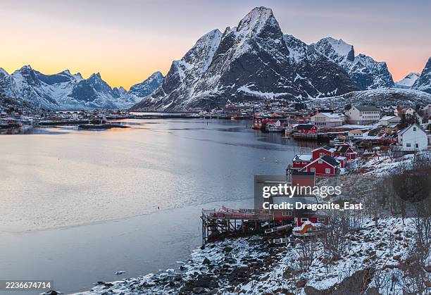 reine village in winter the lofoten island, norway - fishing village stock pictures, royalty-free photos & images