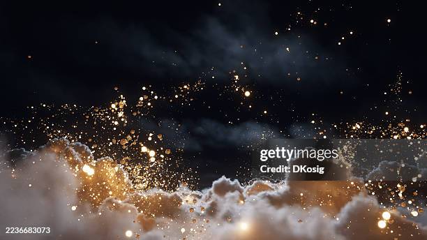 miracle above the clouds - glittering particles and copy space - christmas background, gold glitter, fireworks on new year's eve - clouds from aircraft point of view stock pictures, royalty-free photos & images
