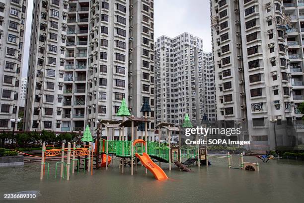 Children's playground is flooded during Typhoon Signal T10 in Heng Fa Chuen, Hong Kong. Super Typhoon Ragasa, counted as one of the most powerful...