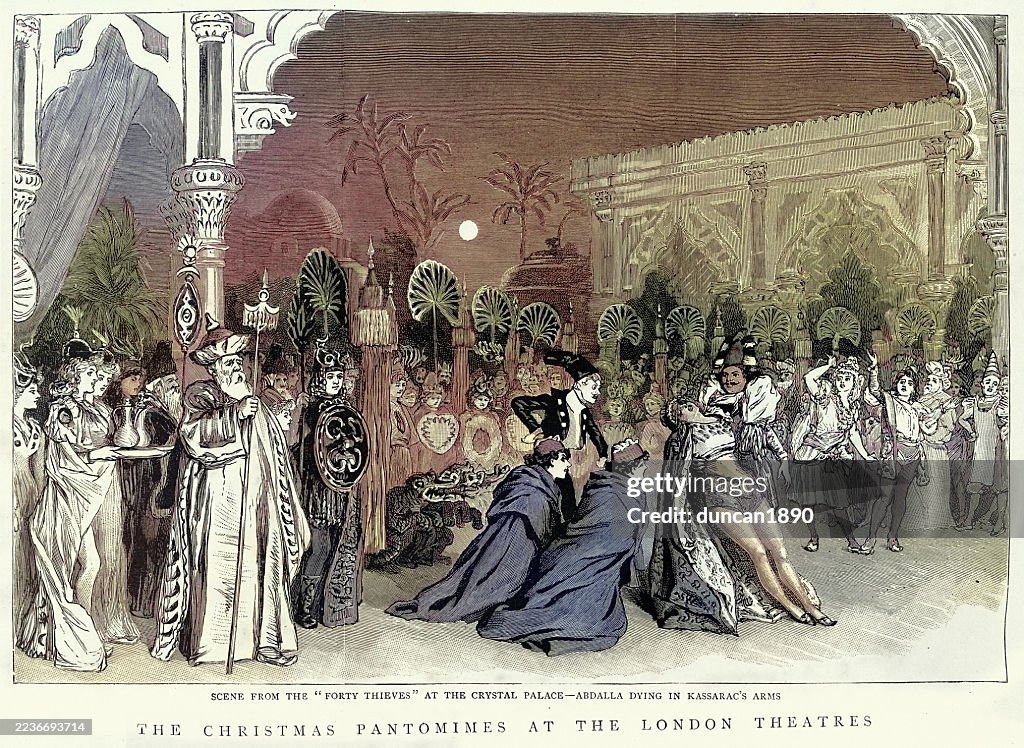 History Victorian theatre, Christmas Pantomimes Forty Thieves death of Abdalla, Vintage illustration, 19th Century, 1880s