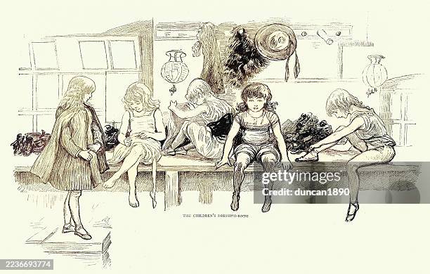 history victorian theatre, children getting into costume, behind the scenes at the pantomime, vintage illustration, 19th century, 1880s - child actress stock illustrations