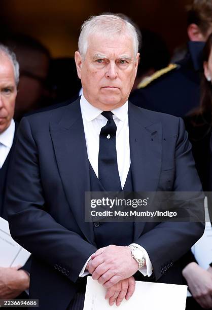 Prince Andrew, Duke of York attends Katharine, Duchess of Kent's Requiem Mass service at Westminster Cathedral on September 16, 2025 in London,...
