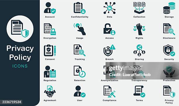datenschutzerklärung solide icons-sammlung. enthält benutzer, daten, rechte, bedingungen, konto, zugriff, vertraulichkeit, vereinbarung, sicherheit, einwilligung, sammlung, nutzung, freigabe, offenlegung, speicherung, verschlüsselung - privatsphäre stock-grafiken, -clipart, -cartoons und -symbole