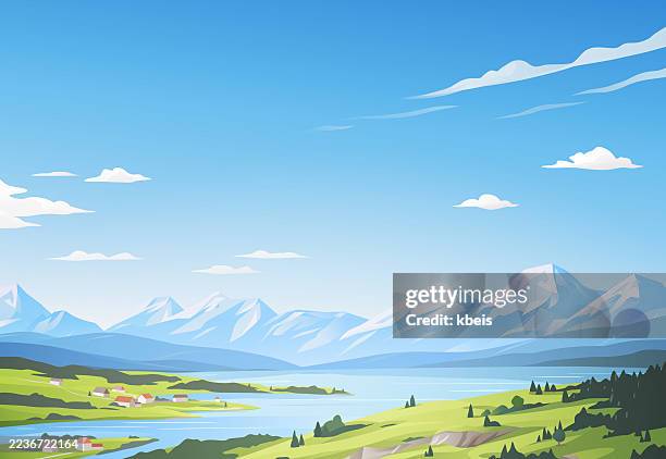 panoramic mountain landscape with lake - glacier stock illustrations