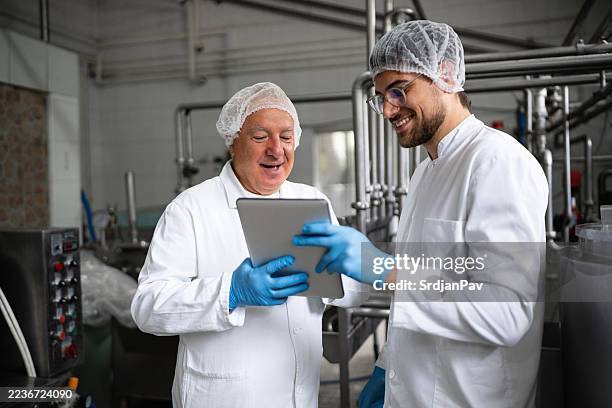 professionals collaborating in a dairy processing plant for production and quality control - cheese making stock pictures, royalty-free photos & images