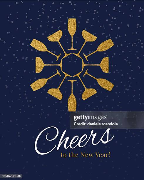 new year greeting card with snowflake make with champagne flute. - wine glass stock illustrations