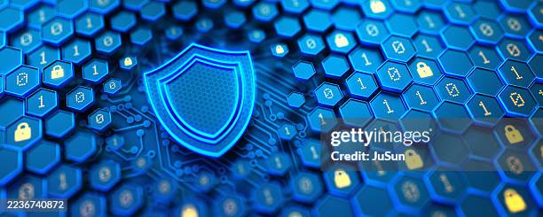 concha hexagonal con código binario y signo de escudo brillante. protección contra ataques de piratas informáticos y violación de datos. proteja sus datos. concepto de seguridad y privacidad en internet. ilustración 3d - protegerse con las manos fotografías e imágenes de stock