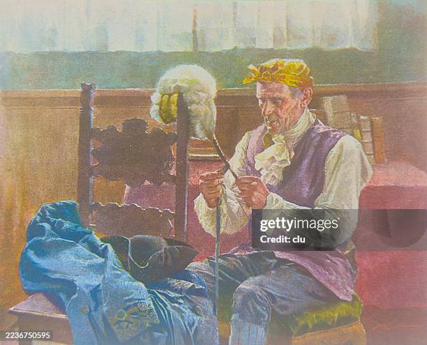 ilustraciones, imágenes clip art, dibujos animados e iconos de stock de un caballero mayor cuida su peluca - 1890 1899