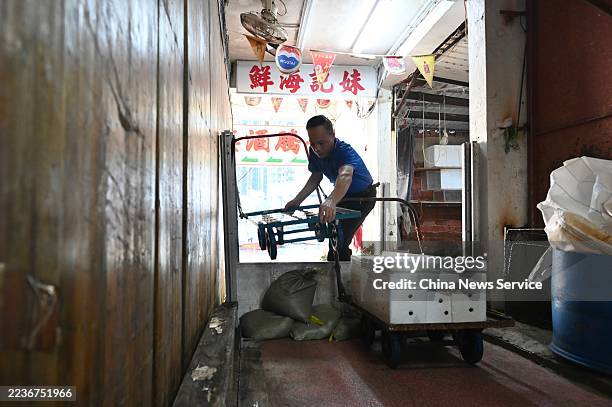 Sandbags and barriers are set up on the inner streets in Lei Yue Mun as super typhoon Ragasa approaches on September 22, 2025 in Hong Kong, China....
