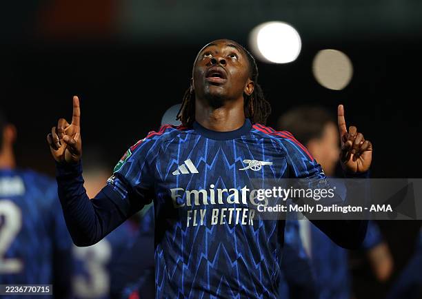 Eberechi Eze of Arsenal celebrates after scoring his teams first goal during the Carabao Cup Third Round match between Port Vale and Arsenal at Vale...