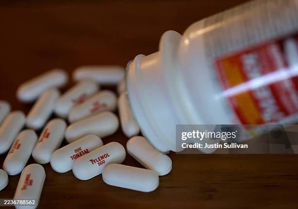 In this photo illustration, Tylenol caplets are displayed on September 22, 2025 in San Anselmo, California. The Trump administration will reportedly...