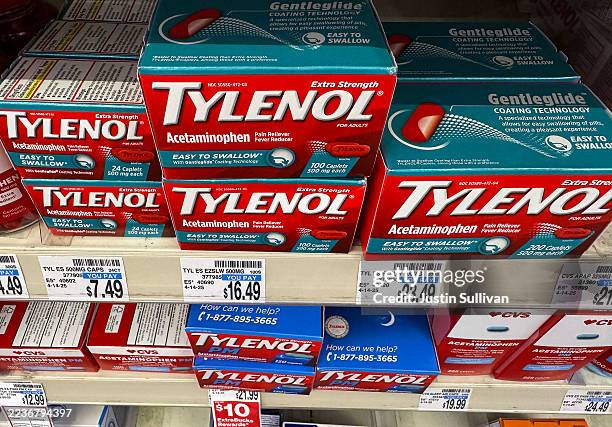 Packages of Tylenol are displayed on a shelf at a CVS store on September 22, 2025 in Greenbrae, California. The Trump administration will reportedly...