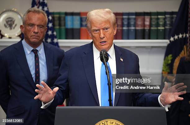 President Donald Trump answers questions after making an announcement on “significant medical and scientific findings for America’s children” in the...