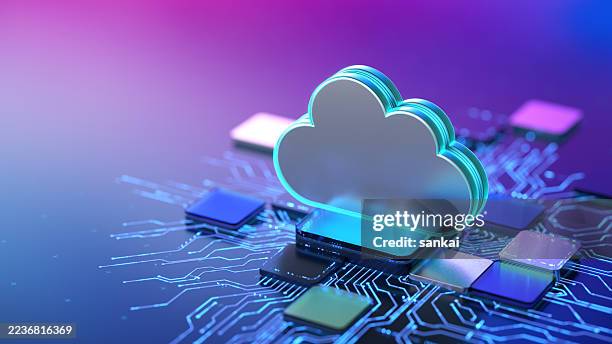 cloud computing concept with circuit board background representing digital data and modern technology - computação em nuvem imagens e fotografias de stock