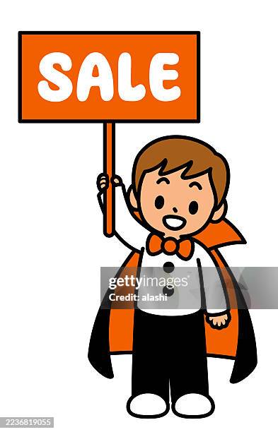 ein süßer vampirjunge, der einen umhang trägt, lächelt, ein sale-schild hochhält und den betrachter anschaut. vorderansicht, schwarzer umriss mit flachen farben, minimalistischer stil - süßes oder saures halloweenspruch stock-grafiken, -clipart, -cartoons und -symbole