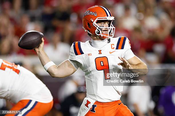 Luke Altmyer of the Illinois Fighting Illini passes during the first half against the Indiana Hoosiers at Memorial Stadium on September 20, 2025 in...