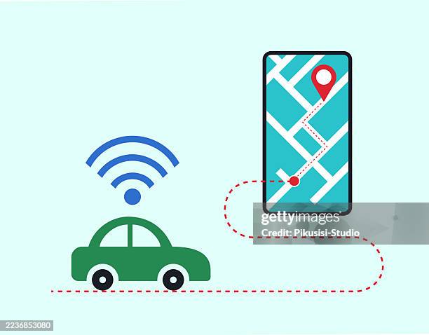 vehicle iot and mobile navigation system, smart car navigation with gps tracking - automotive navigation system stock illustrations