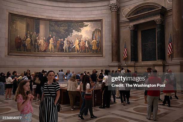 Visitors inside the Rotunda viewing area on September 23, 2025 at the National Archives in Washington. For the first time in history, the National...