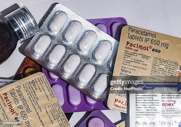 Various packages of paracetamol are displayed on a pharmacy table in Tehatta, West Bengal, India, on September 24, 2025. Paracetamol is an analgesic...