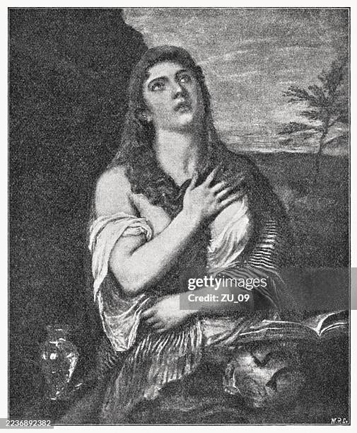 penitent magdalene, painted by titian, halftone print, published in 1897 - state hermitage museum stock illustrations