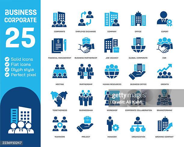 ilustraciones, imágenes clip art, dibujos animados e iconos de stock de iconos sólidos de glifos corporativos de negocios. contiene la colección de iconos sólidos de la empresa, el trabajo en equipo, la organización, la asociación. ilustración vectorial. píxel perfecto sobre fondo blanco limpio - comercio