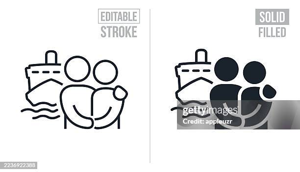 couple taking a cruise - editable stroke and solid icons - old friends stock illustrations