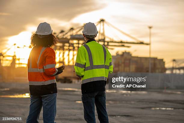 industrial engineer operations marine port cranes loading and unloading of cargo ships global trade and supply chain import export environment monitoring responsible global economy. - dock worker stock pictures, royalty-free photos & images
