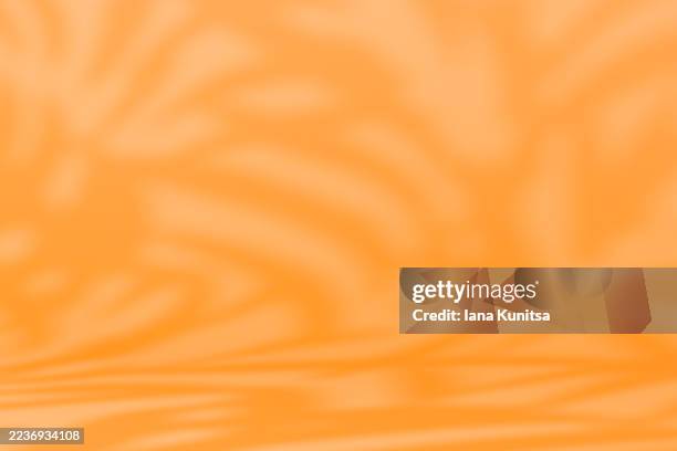 vivid orange color abstract 3d background with blurred natural shadows of leaves. gobo lighting. minimalistic sunny backdrop for summer, autumn concepts, branding, presentations, designs. - iluminación gobo fotografías e imágenes de stock