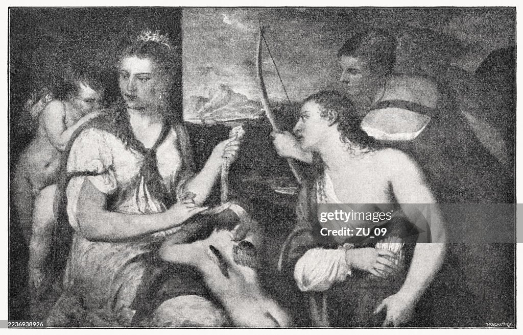 Venus Blindfolding Cupid, painted by Titian, halftone print, published 1897