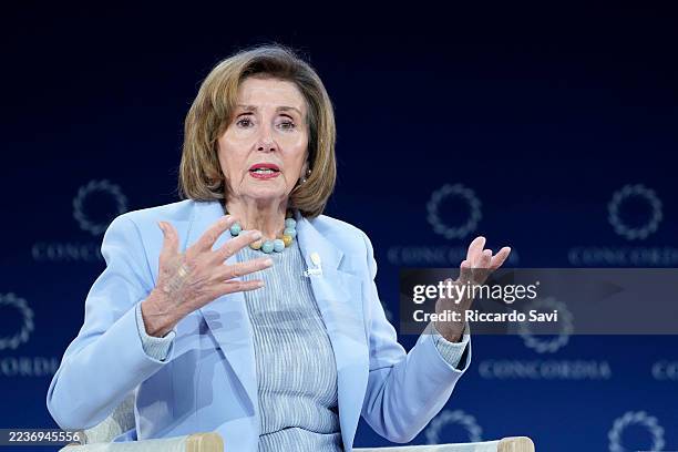 The Hon. Nancy Pelosi, Speaker Emerita, U.S. House of Representatives, speaks onstage during the 2025 Concordia Annual Summit at Sheraton New York...