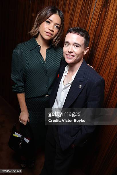 Julia Shiplett and Elliot Page attend the Gucci Spring Summer 2026 event during the Milan Fashion Week at Palazzo Mezzanotte on September 23, 2025 in...