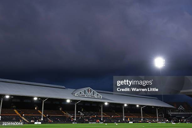 General view inside the stadium as rain clouds pass prior to the Carabao Cup Third Round match between Fulham and Cambridge United at Craven Cottage...